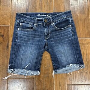 American Eagle Long Denim Shorts Women's 6 Dark Wash Cut Off Whisker Modest 8"